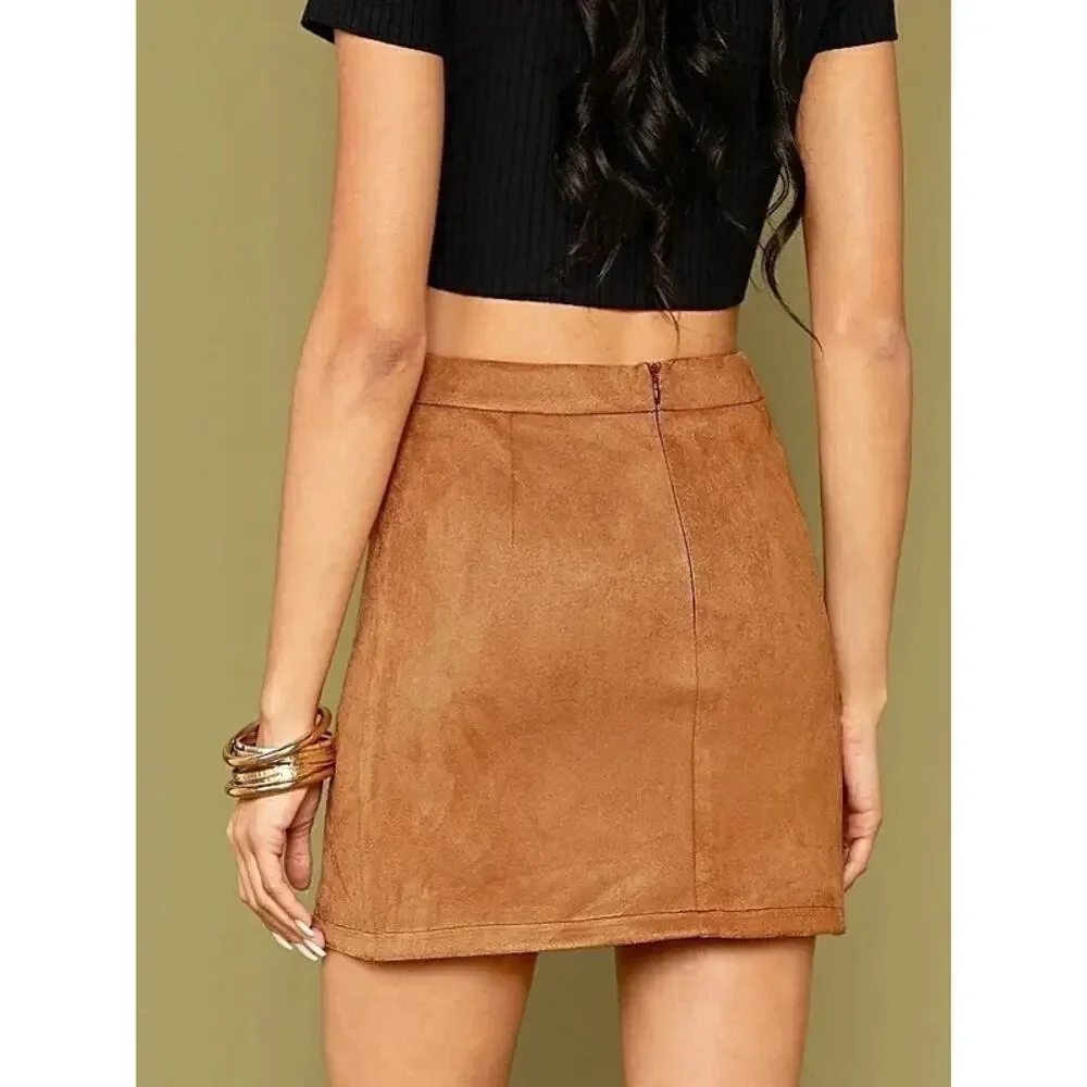 Women's High Waist Faux Suede Side Split Bodycon Short Mini Skirt M